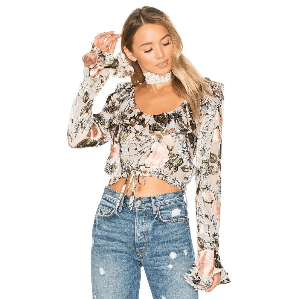 For Love & Lemons Ivory Floral Luciana Ruffle Crop Top Women's Size XS